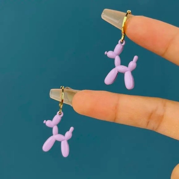 Balloon Dog Earrings Poodle Puppy Fun Whimsical Dangle Circus Clown Party Puffy - Picture 1 of 2